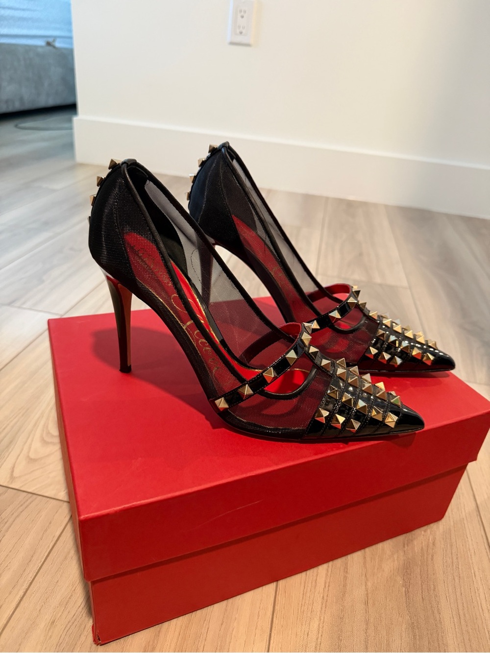 Black Studded Mesh Pointed-Toe Stiletto Heels